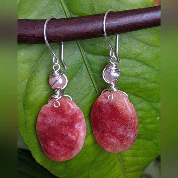 Strawberry Rhodochrosite Earrings Handmade In Pure Sterling Silver With Pearls - Picture 11 of 16